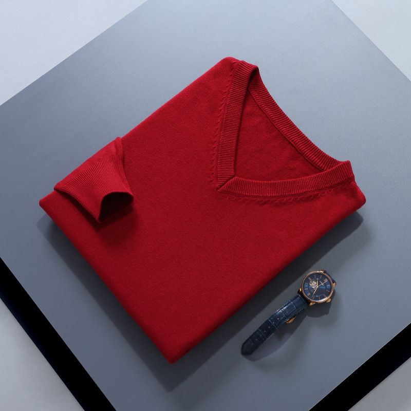 Men V Neck Pullover Knitwear Loose Long Sleeve Burgundy