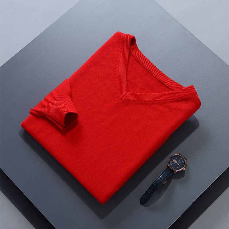 Men V Neck Pullover Knitwear Loose Long Sleeve Big Red