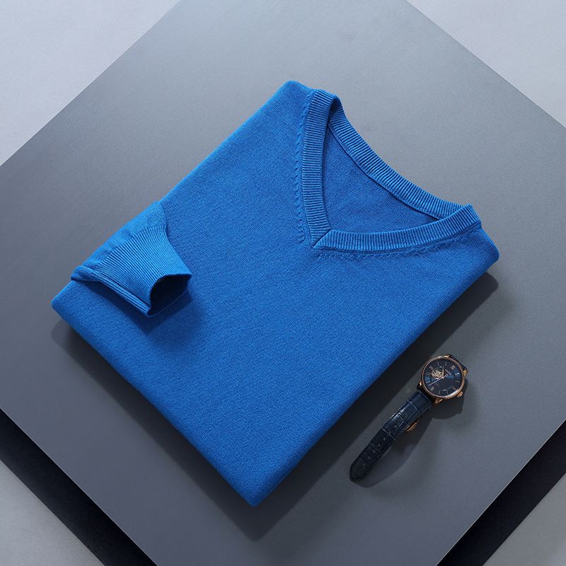 Men V Neck Pullover Knitwear Loose Long Sleeve SEA BLUE