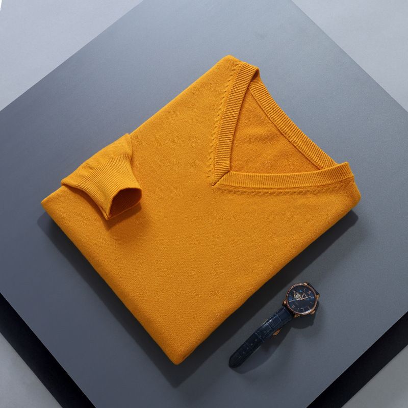 Men V Neck Pullover Knitwear Loose Long Sleeve Ginger yellow XXXL