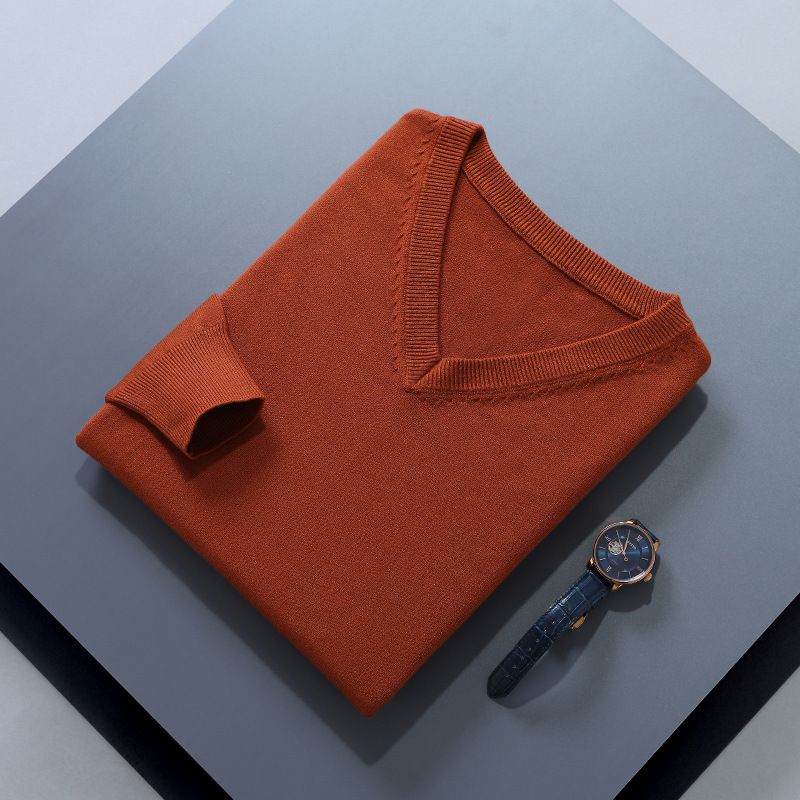 Men V Neck Pullover Knitwear Loose Long Sleeve Caramel
