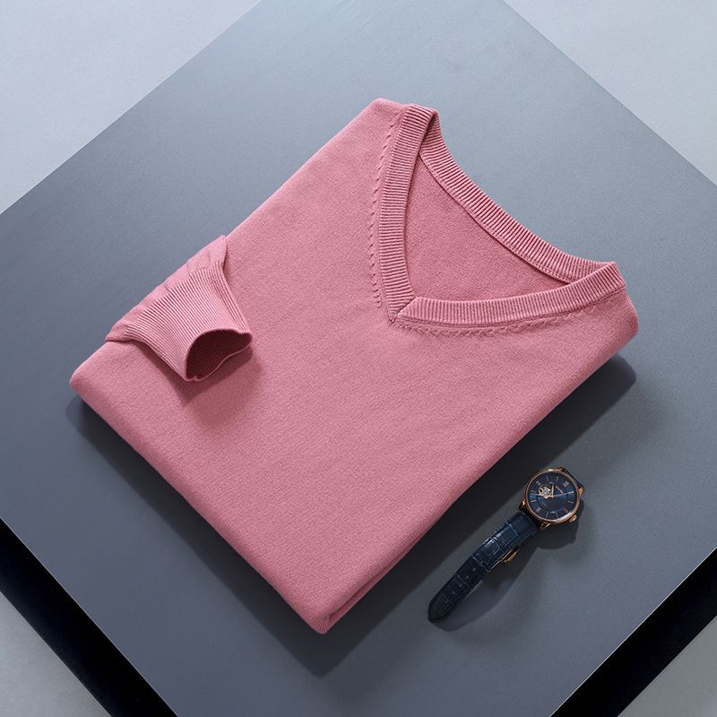 Men V Neck Pullover Knitwear Loose Long Sleeve Leather pink