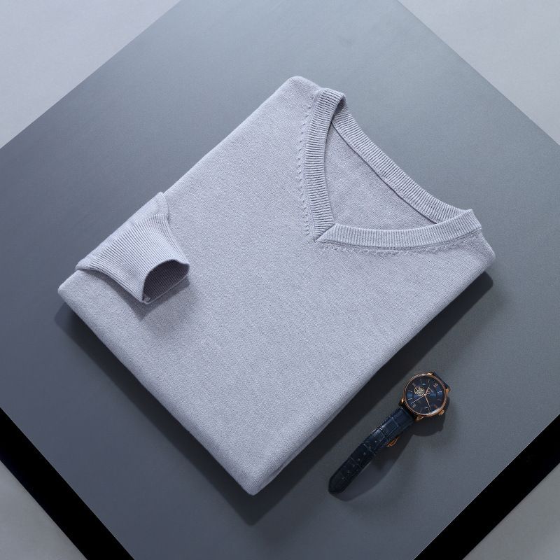 Men V Neck Pullover Knitwear Loose Long Sleeve Light gray