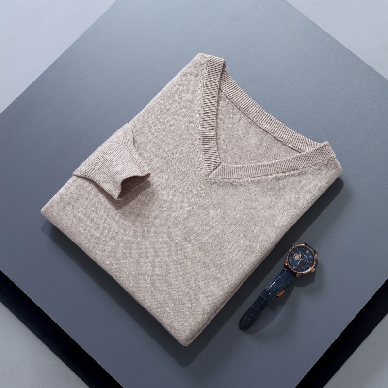 Men V Neck Pullover Knitwear Loose Long Sleeve CAMEL