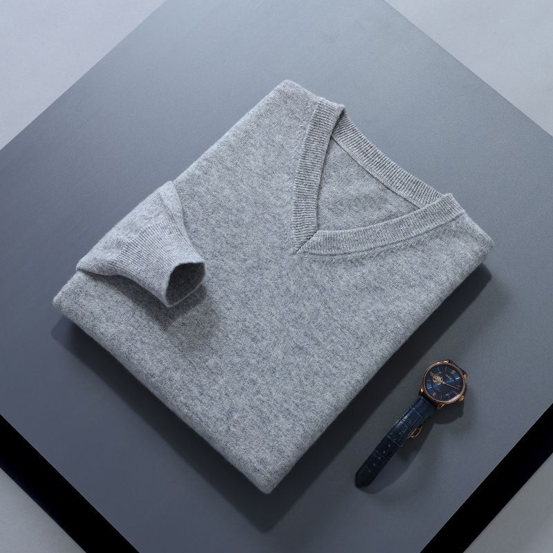 Men V Neck Pullover Knitwear Loose Long Sleeve Medium Gray