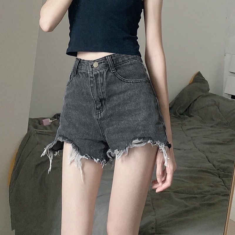 Women High Waist Denim Shorts Summer Cotton Black Gray XL