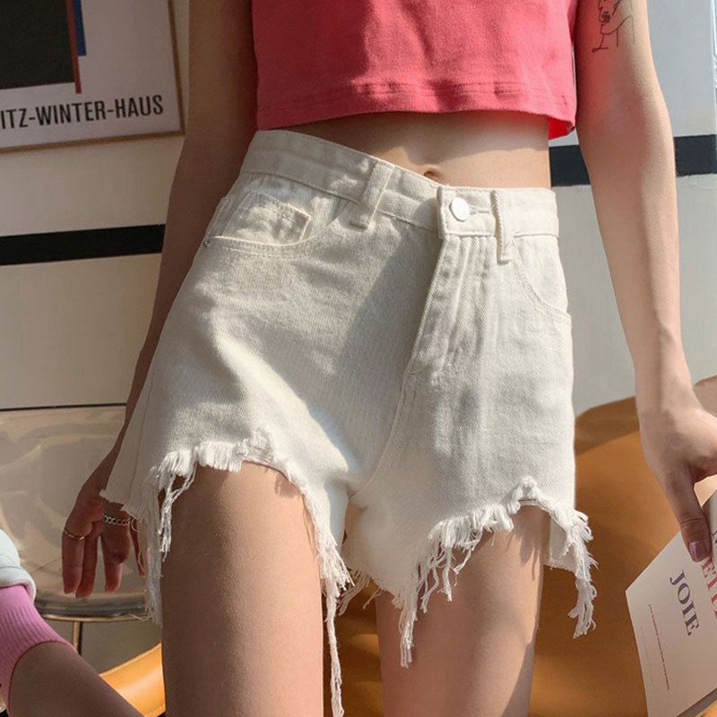 Women High Waist Denim Shorts Summer Cotton White L