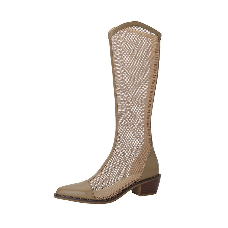Women Mesh Long Boots Chunky Heel Hollow Apricot 38