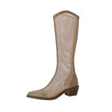 Women Mesh Long Boots Chunky Heel Hollow Apricot 40