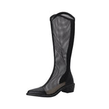 Women Mesh Long Boots Chunky Heel Hollow Black 40