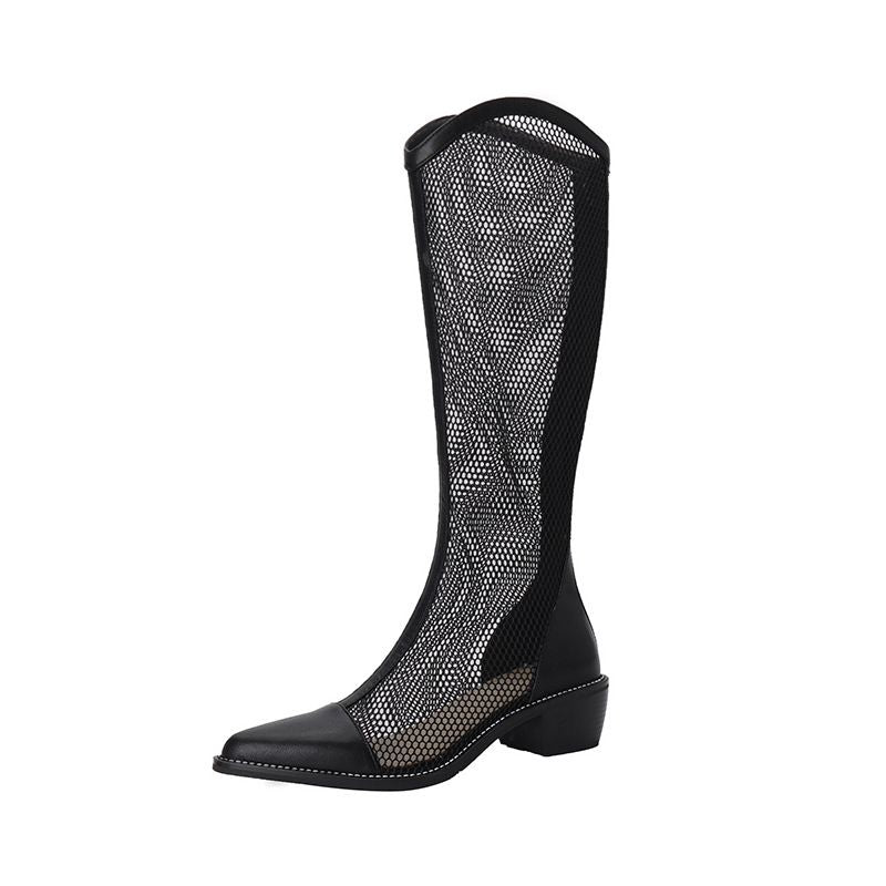 Women Mesh Long Boots Chunky Heel Hollow Black 40