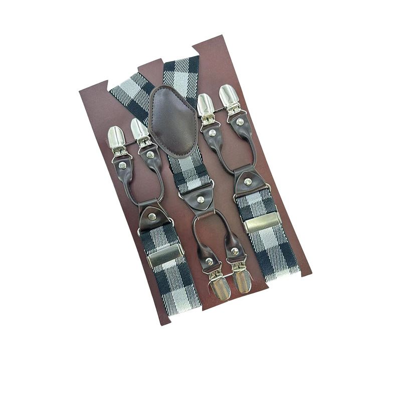 European Fan 6 Clip Men Suspenders Polyester Adjustable Plaid: black and white