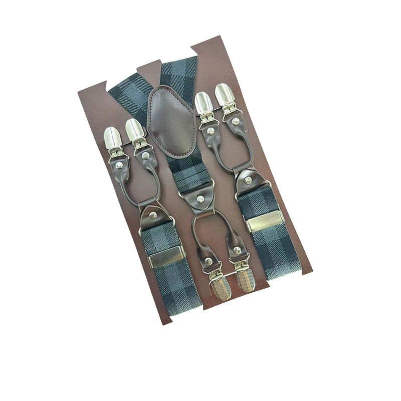 European Fan 6 Clip Men Suspenders Polyester Adjustable Plaid: black and gray