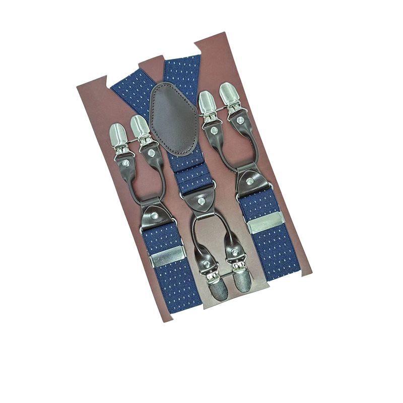 European Fan 6 Clip Men Suspenders Polyester Adjustable Dot lines: navy blue