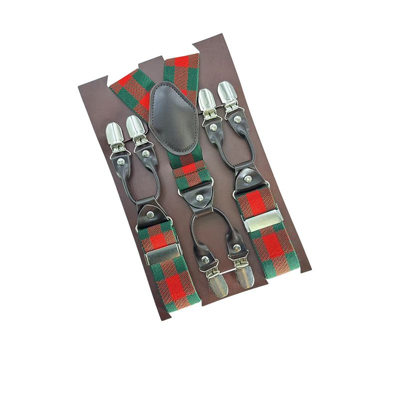 European Fan 6 Clip Men Suspenders Polyester Adjustable Plaid: red and green