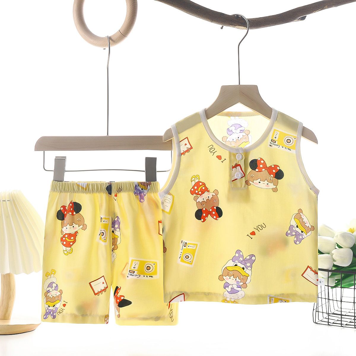 Tong Xinyuan Kids Cotton Silk Vest Set Shorts (Yellow) Little Girl's Cotton Silk Vest Set 110cm