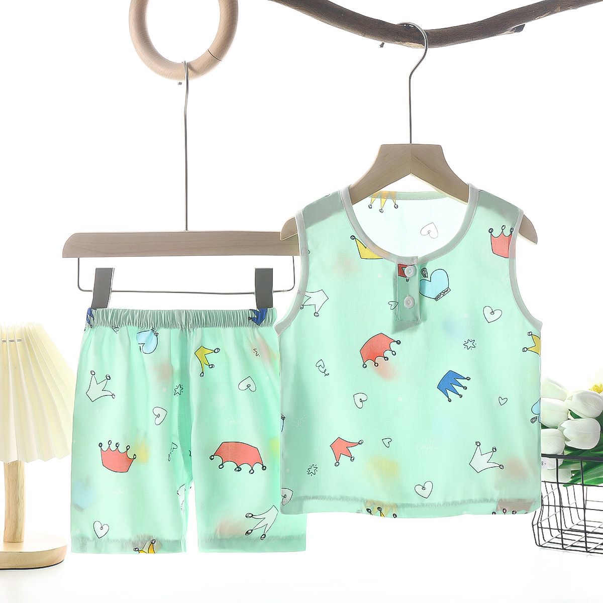 Tong Xinyuan Kids Cotton Silk Vest Set Shorts (Light Blue) Crown Cotton Vest Set 130cm