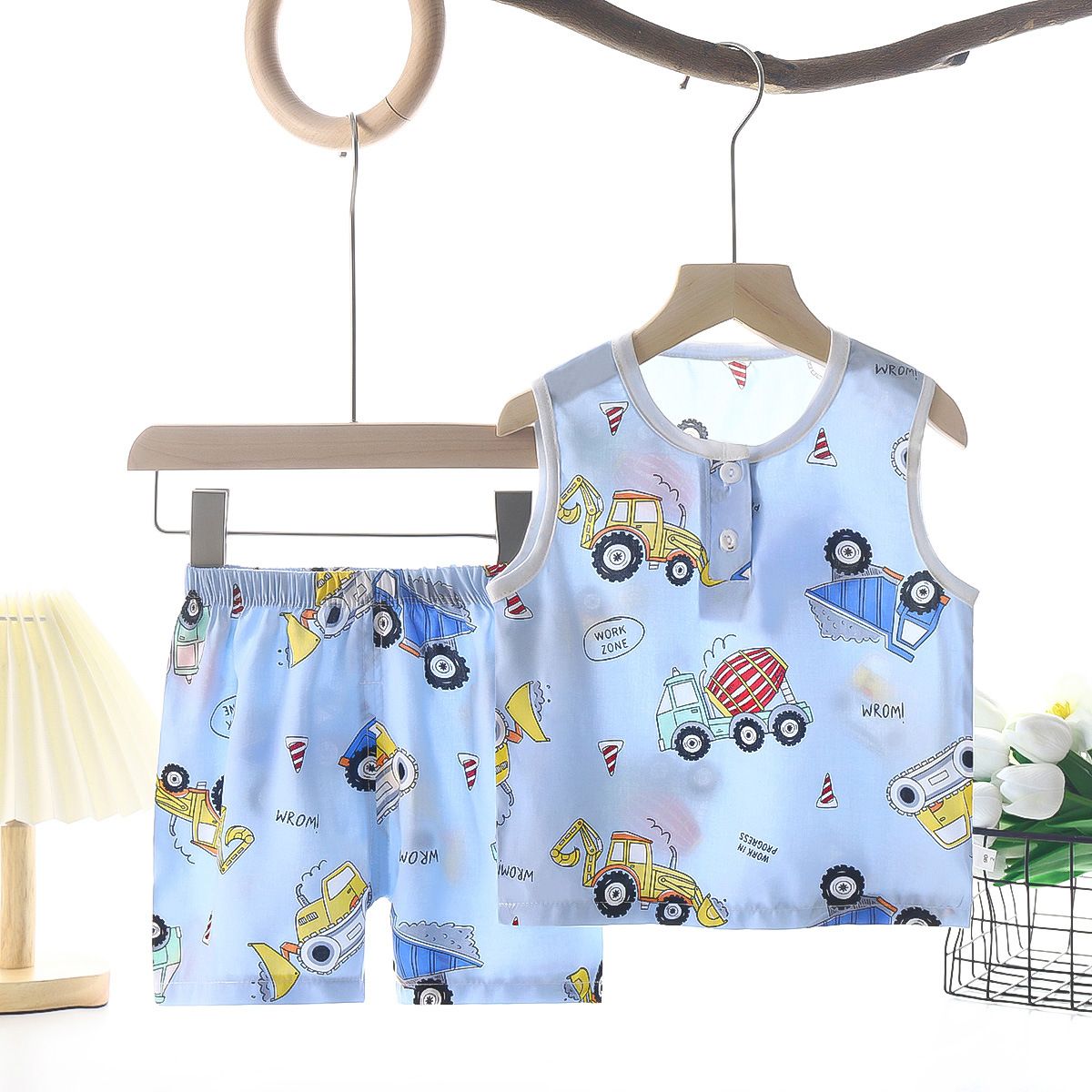 Tong Xinyuan Kids Cotton Silk Vest Set Shorts (Blue) Truck Cotton Vest Set 120cm