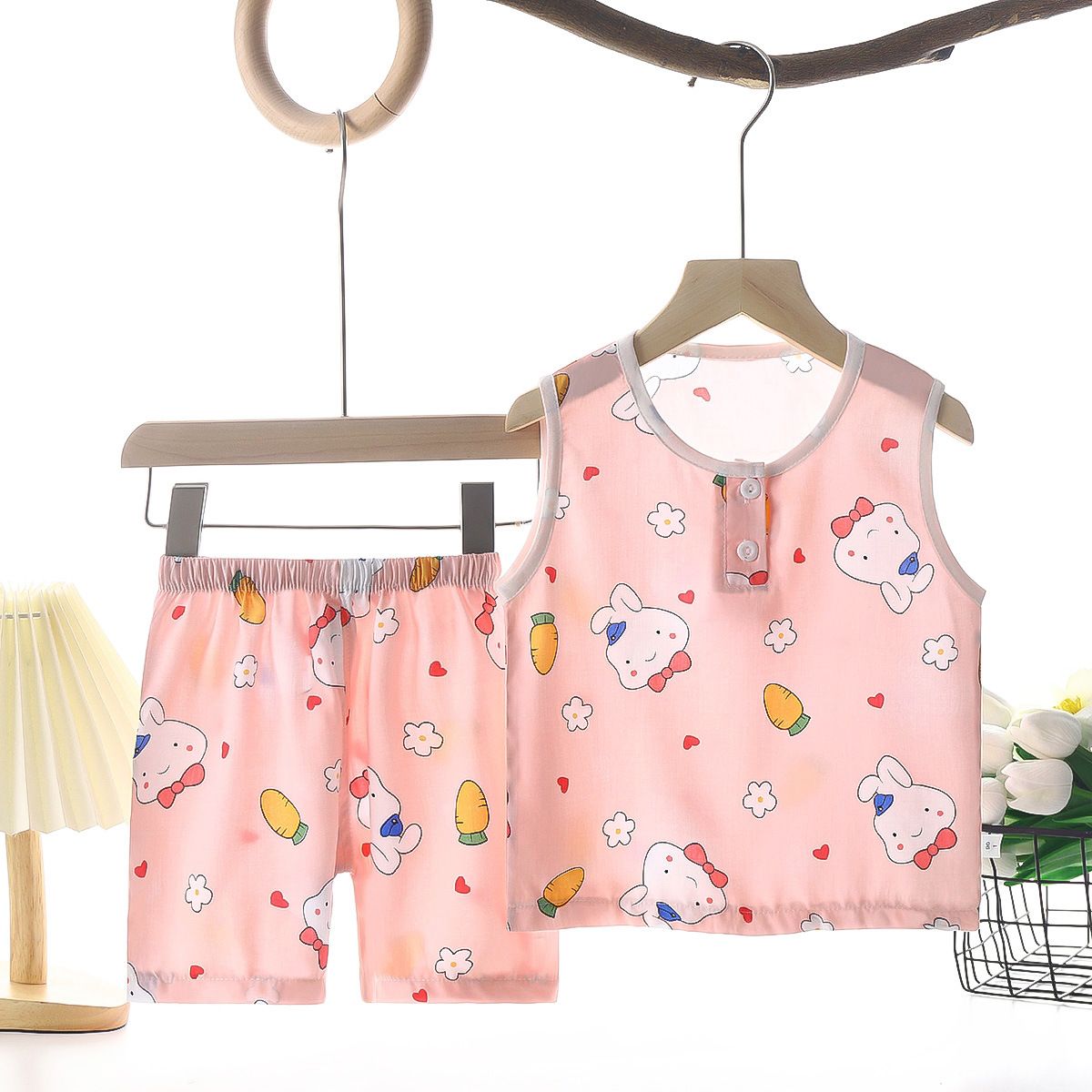 Tong Xinyuan Kids Cotton Silk Vest Set Shorts (Pink) Rabbit Radish Silk Vest Set 100cm