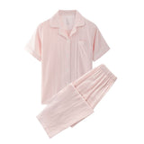 Cotton Short Sleeve Japanese Leisure Sleep Shorts Set Women's Pink Solid Color-Short Sleeve Pants XL