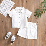 Boys Cotton Linen Polo 2-Piece Set Summer Short Sleeve White 80cm