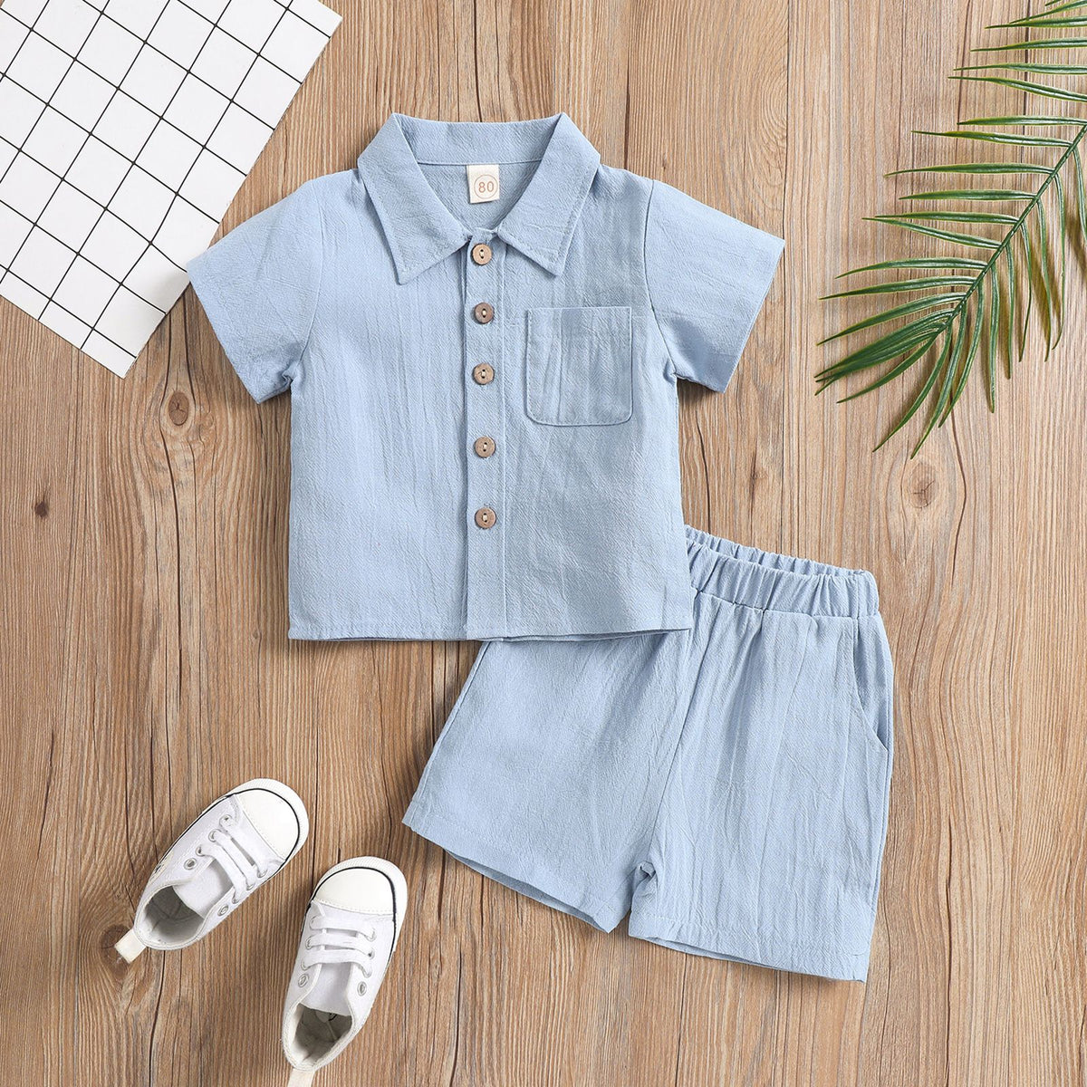 Boys Cotton Linen Polo 2-Piece Set Summer Short Sleeve Light Blue 80cm