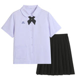 Thai School Uniform Shirt Cotton Blend Embroidery Badge Thai girls short sleeve shirt + wide black bow tie + black skirt L