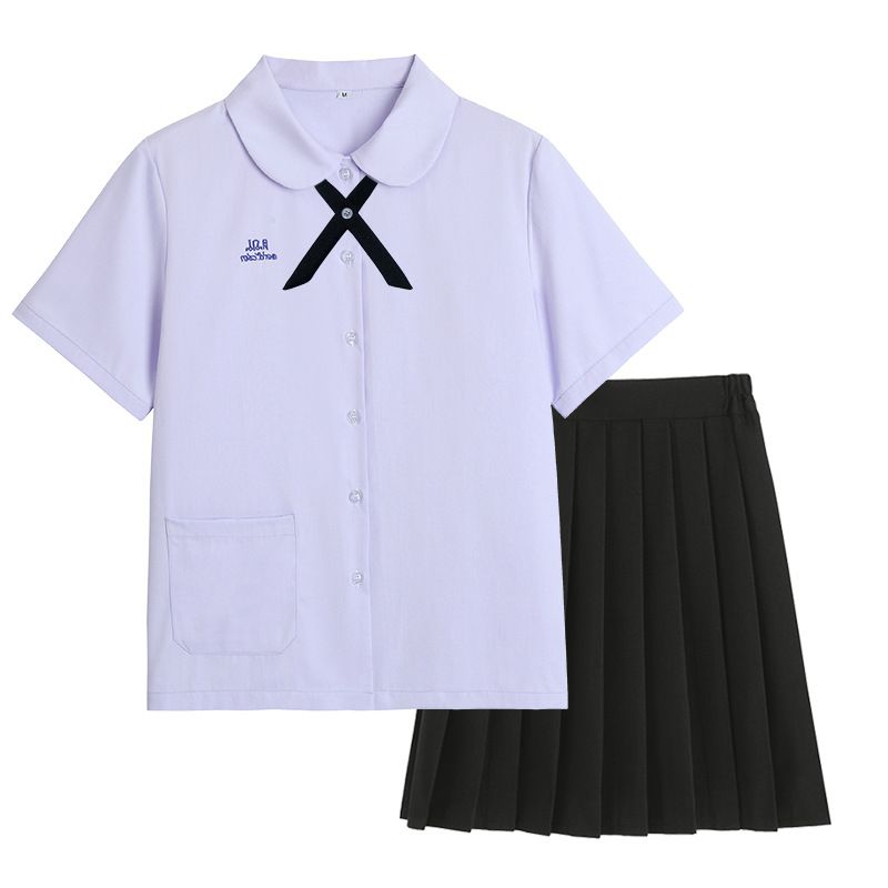 Thai School Uniform Shirt Cotton Blend Embroidery Badge Thai girls short sleeve shirt + thin black bow tie + black skirt XL
