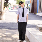 Thai School Uniform Shirt Cotton Blend Embroidery Badge Thai boys short sleeve + black pants + black tie XL
