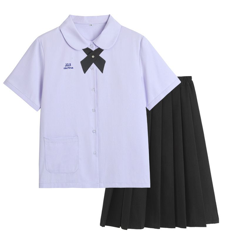 Thai School Uniform Shirt Cotton Blend Embroidery Badge Thai girls short sleeve shirt + wide black bow tie + black skirt XXL