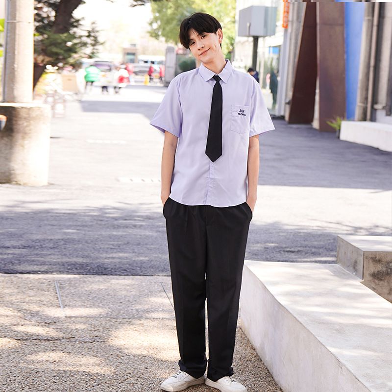 Thai School Uniform Shirt Cotton Blend Embroidery Badge Thai boys short sleeve + black pants + black tie 4XL