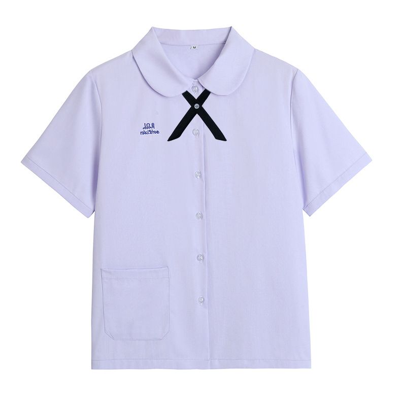 Thai School Uniform Shirt Cotton Blend Embroidery Badge Thai girls short sleeve shirt + thin black bow tie 5XL
