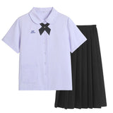 Thai School Uniform Shirt Cotton Blend Embroidery Badge Thai girls short sleeve shirt + wide black bow tie + black dress 5XL