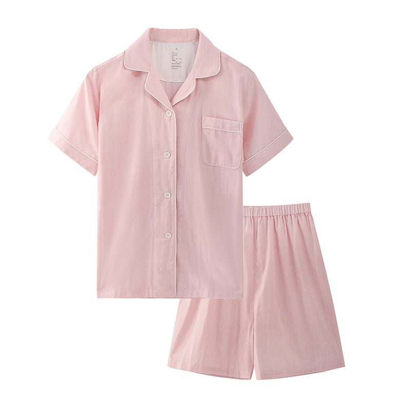 Cotton Short Sleeve Japanese Leisure Sleep Shorts Set Women's Pink Dot-Short Sleeve Shorts XL