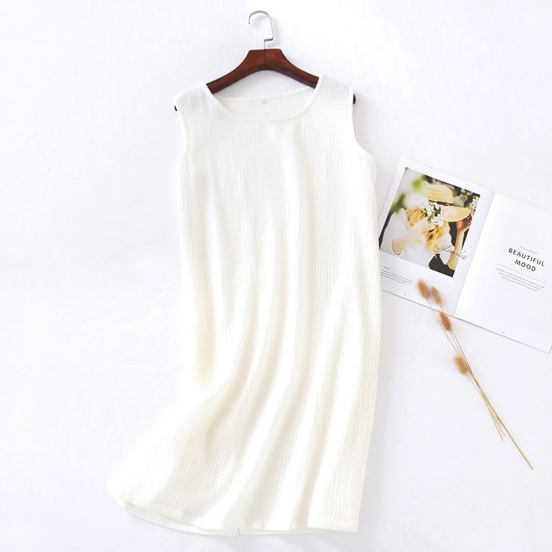 Women Cotton Sleeveless Nightgown Mid Skirt Summer White