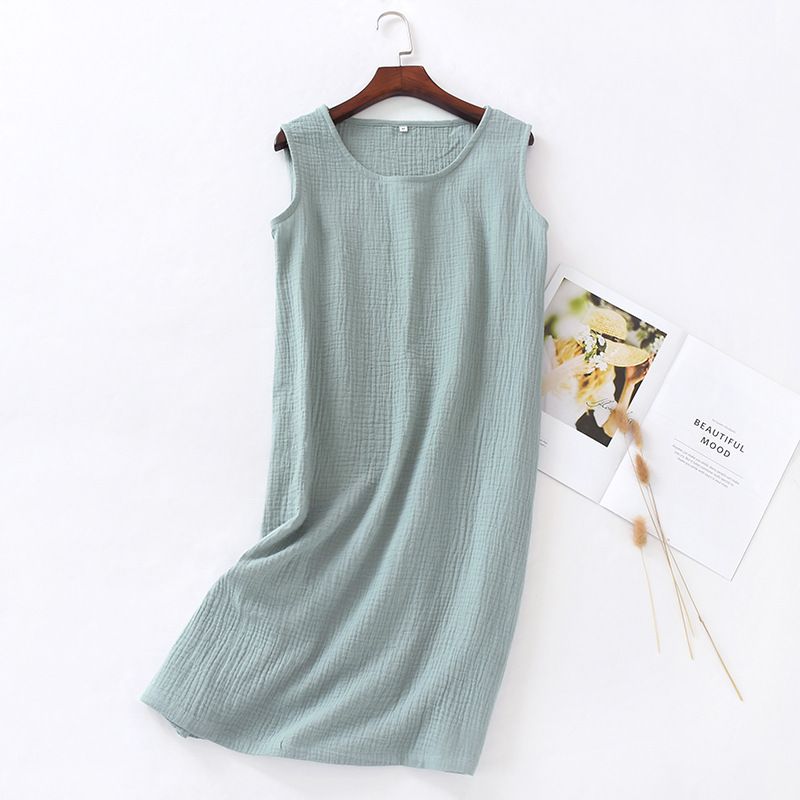 Women Cotton Sleeveless Nightgown Mid Skirt Summer Green L
