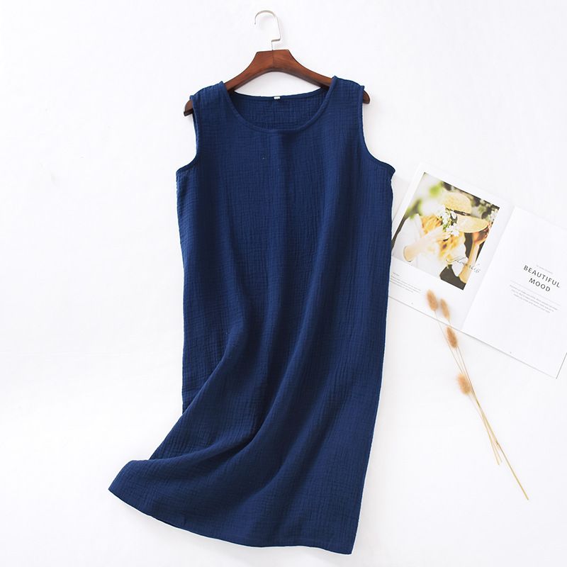 Women Cotton Sleeveless Nightgown Mid Skirt Summer Navy L