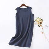 Women Cotton Sleeveless Nightgown Mid Skirt Summer Gray Blue