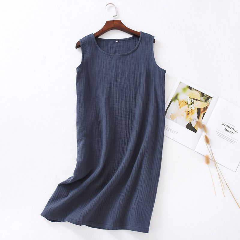 Women Cotton Sleeveless Nightgown Mid Skirt Summer Gray Blue XL