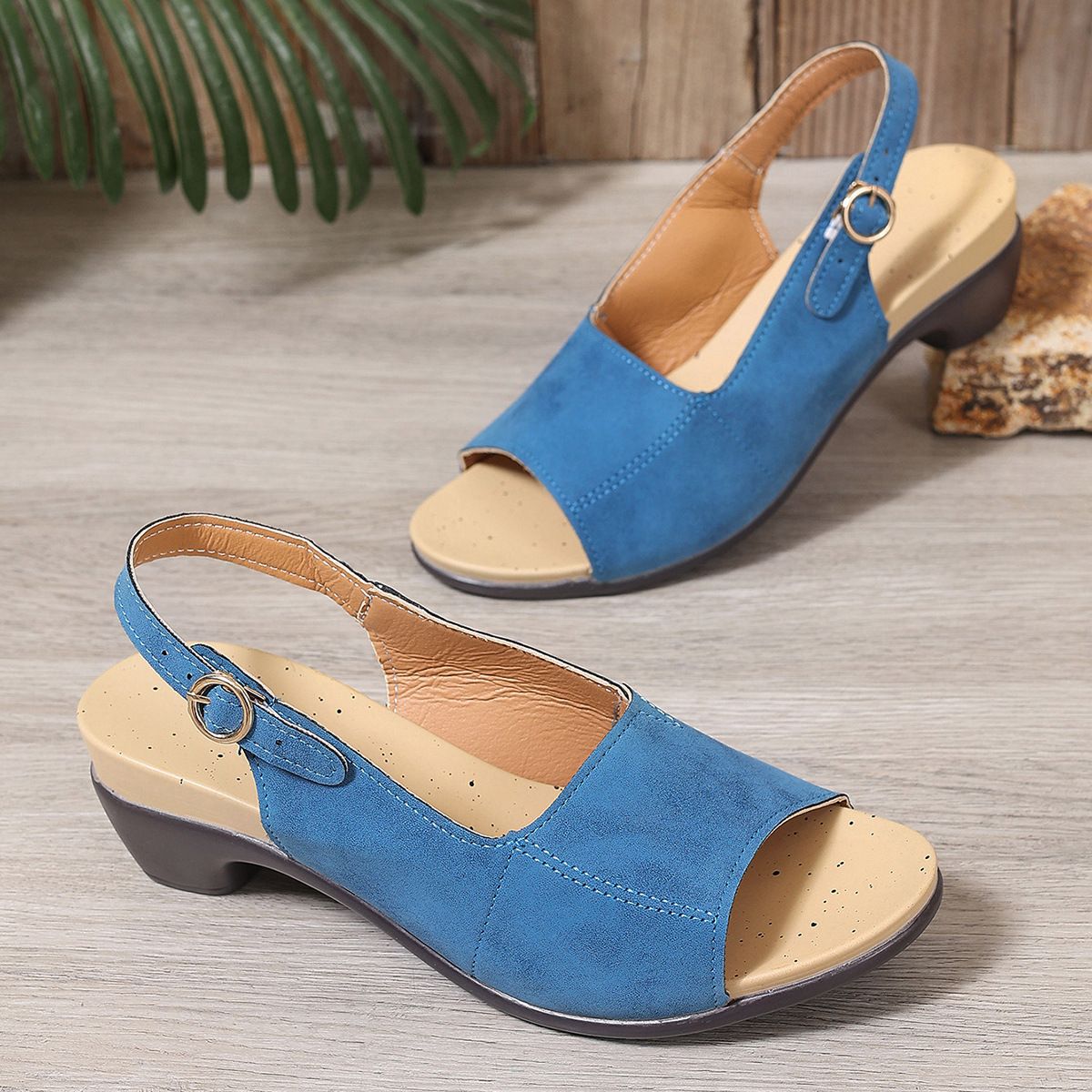 Women Chunky Heel Sandals Buckle Strap PU Rubber Light Blue 42