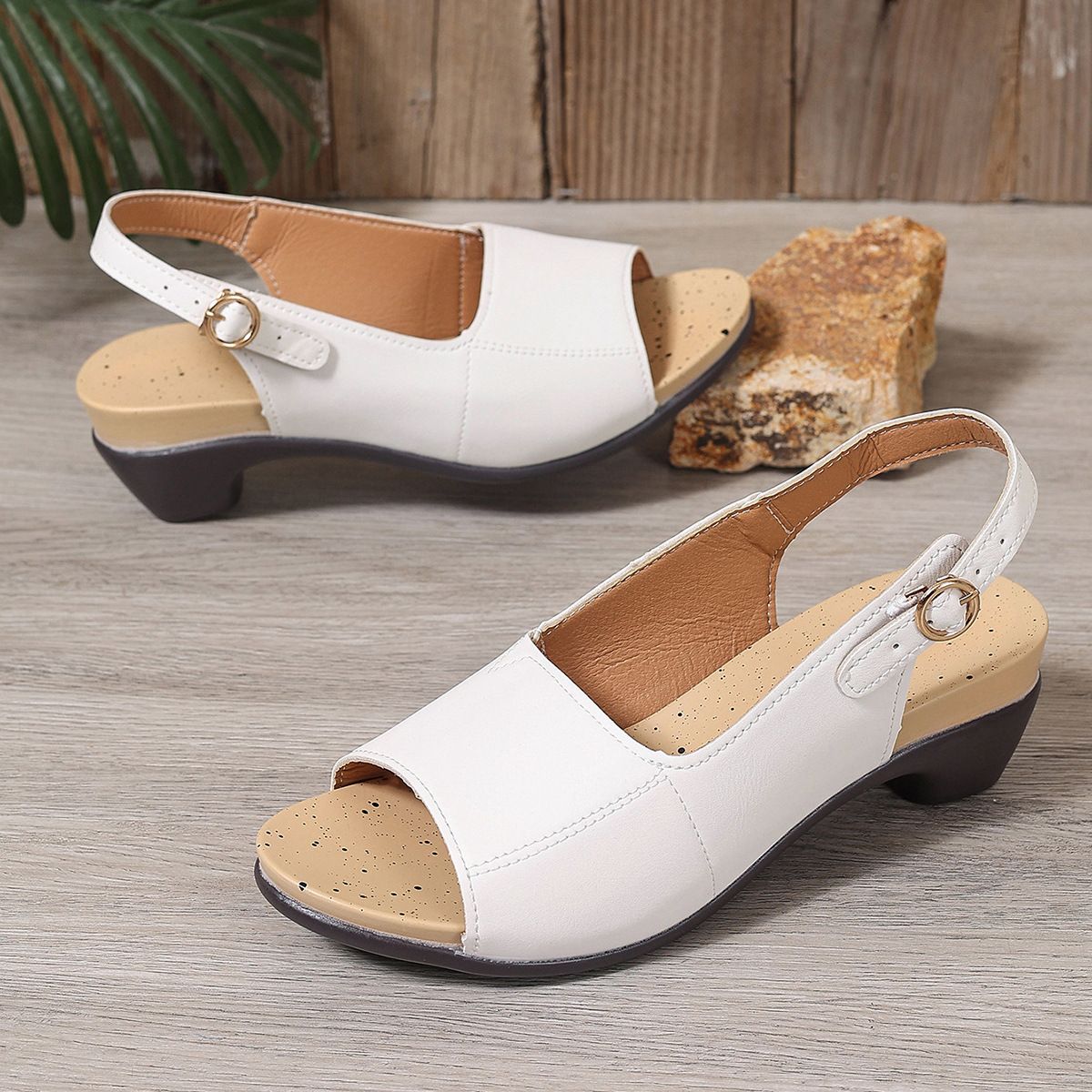 Women Chunky Heel Sandals Buckle Strap PU Rubber Beige White 43