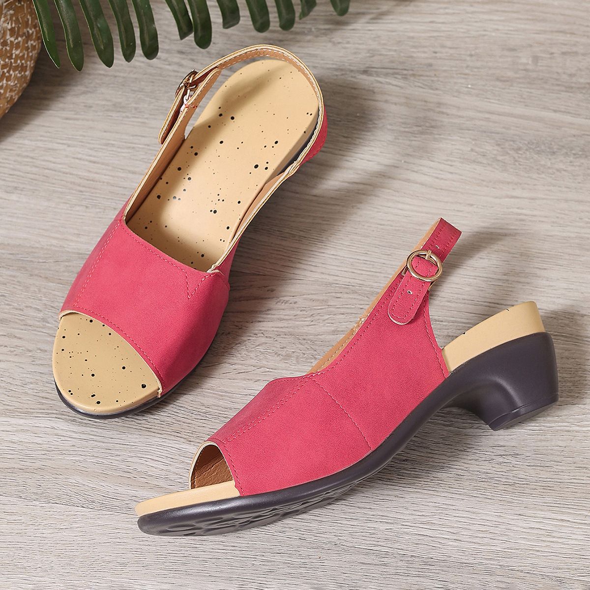 Women Chunky Heel Sandals Buckle Strap PU Rubber Red 37