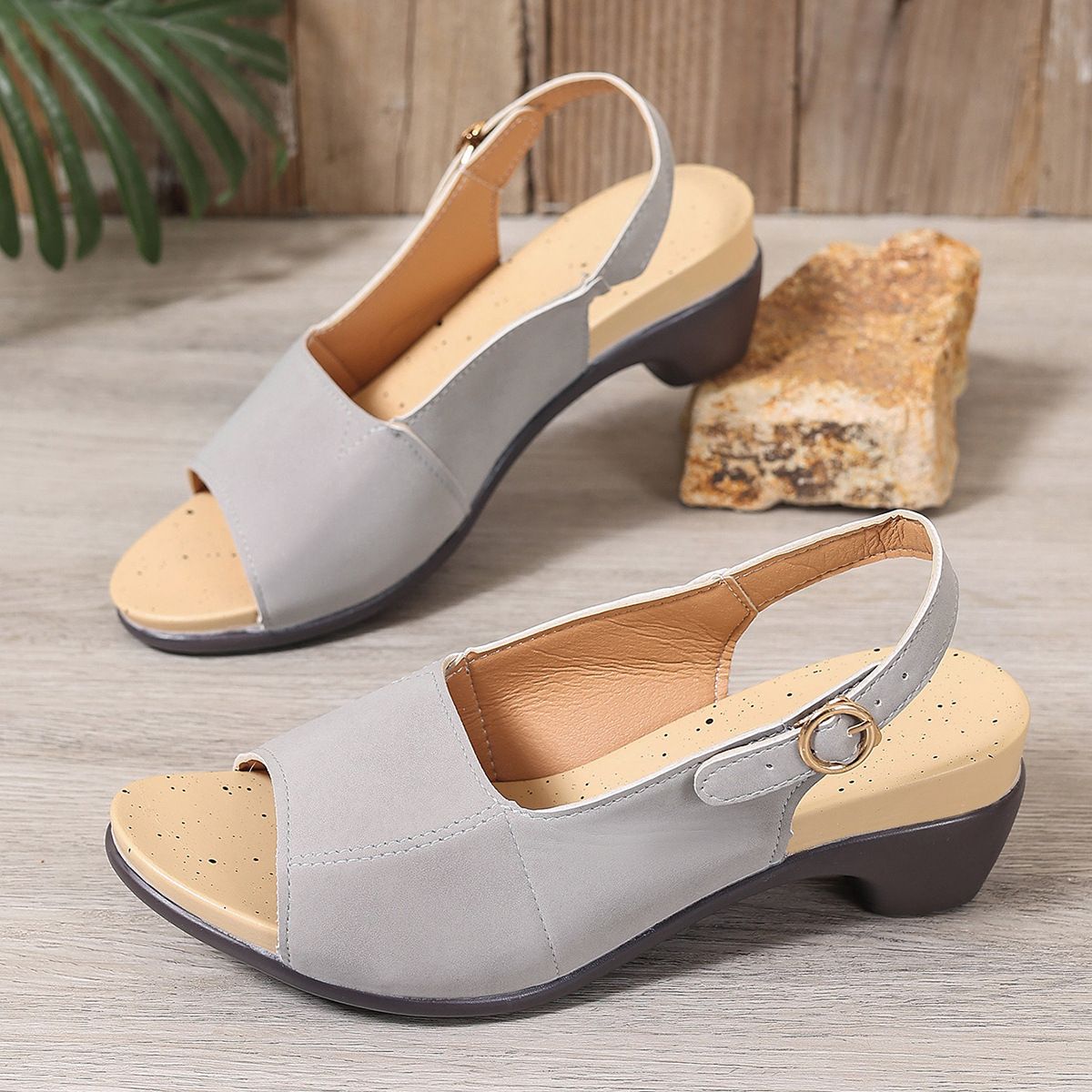 Women Chunky Heel Sandals Buckle Strap PU Rubber Grey 36