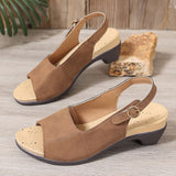 Women Chunky Heel Sandals Buckle Strap PU Rubber Brown 39
