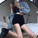 ACEKEO Black Denim Shorts High Waist Polyester M