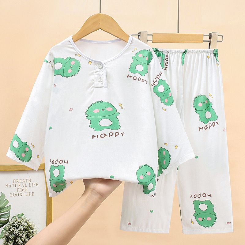 Children Viscose Pajamas Set Thin Unisex Dark green bottom bear head 120 code 110-115cm weight 18.00 kg-20.00 kg