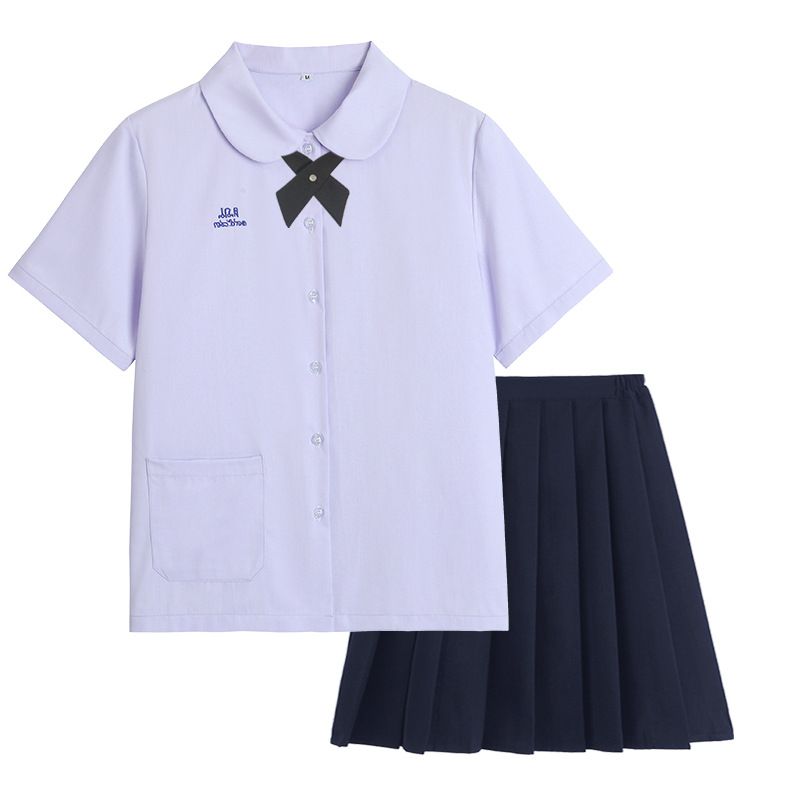 Thai School Uniform Shirt Cotton Blend Embroidery Badge Thai girls short sleeve shirt + wide black bow tie + navy blue skirt XS