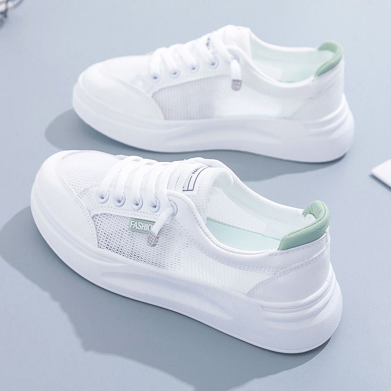 Women Mesh Sneakers Breathable Casual Flat white green 36