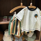 Yeon Bei Man Boys Cotton 2-Piece Summer Short Sleeve White T-shirt + striped pants 120cm