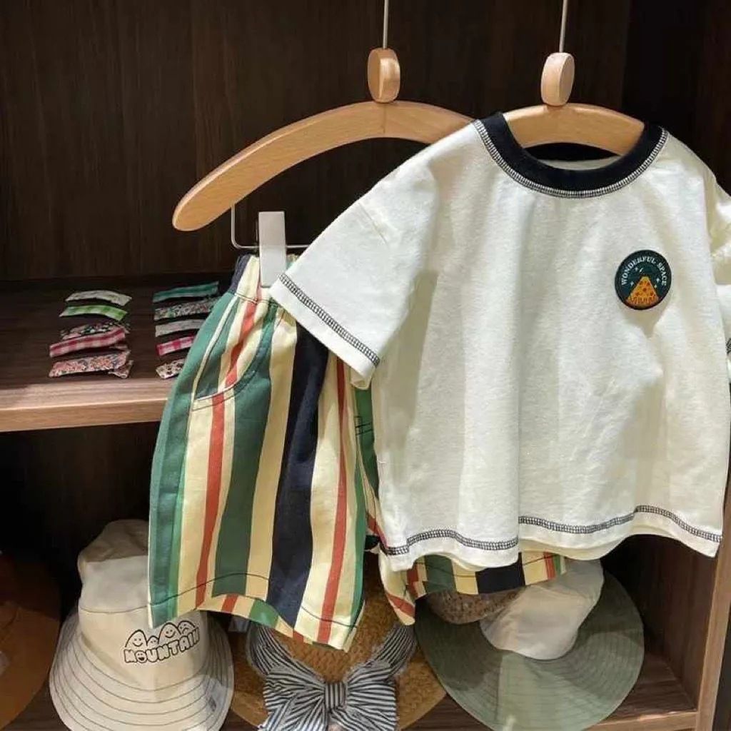Yeon Bei Man Boys Cotton 2-Piece Summer Short Sleeve White T-shirt + striped pants 130cm
